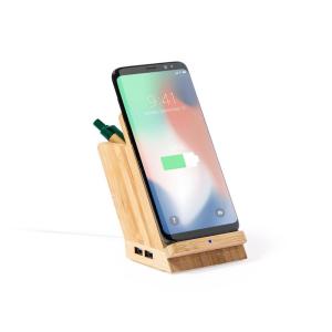 Bambusowa ładowarka bezprzewodowa 5W, 4 porty hub USB 2.0, pojemnik na przybory do pisania, stojak na telefon - V0198-18